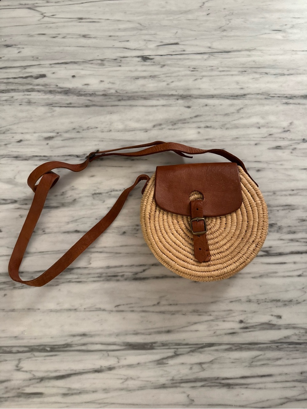 Round Woven Crossbody with Brown Leather Flap